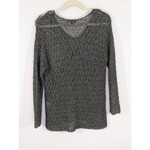 EILEEN FISHER Sweater Metallic Italian Yarn V-Neck Pullover Black Gold Holiday L - Picture 9 of 9